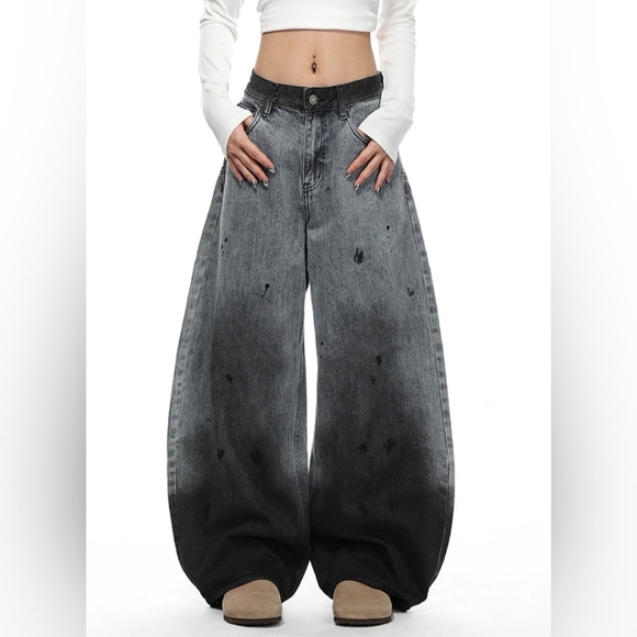Bakyarder Artsy Wide Leg Baggy Jeans Distressed Ombre Boho Streetwear Size L - Picture 1 of 8